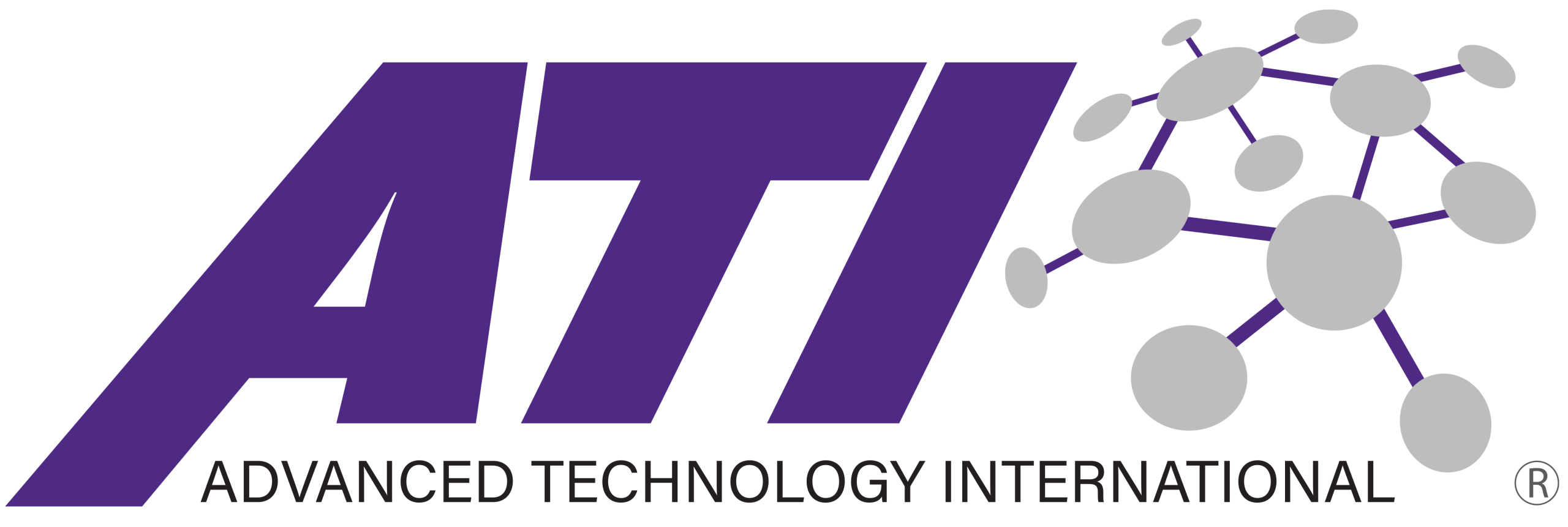 ATI Advanced Technology International logo with purple 'ATI' lettering and a gray molecular network on the right.